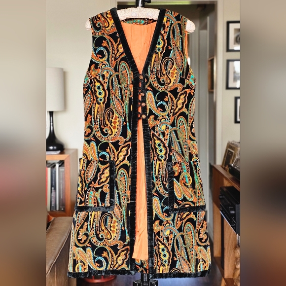 Handmade Jackets & Blazers - Retro 70s Velour Paisley Print Long Vest Or Tunic
